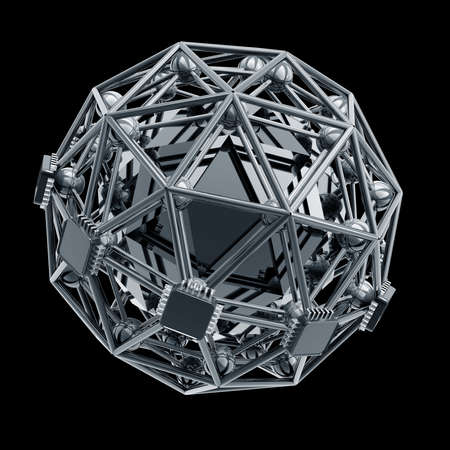 3D rendered silver glossy core molecules structure isolated on black background High resolution の写真素材