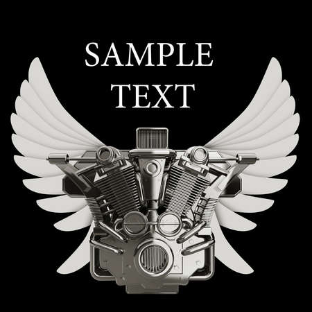 chromed motorcycle engine with wings Isolated on black background. high resolution 3d image 