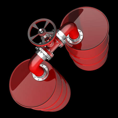Two red oil barrels with valve isolated on black background 3D High resolution の写真素材