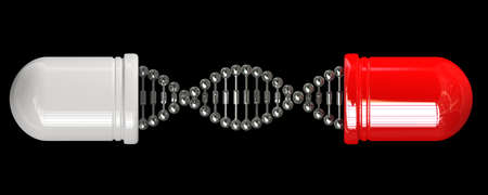 medical capsule and molecule DNA structure isolated on black background high resolution 3d...