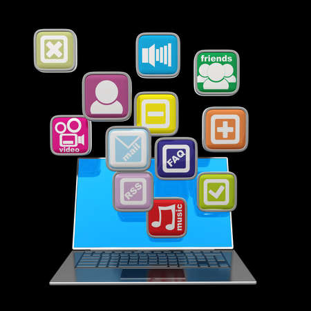 Computer mobility. laptop with color application icons isolated on black background High resolution 3d render の写真素材