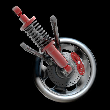 Wheel, shock absorber and brake pads. Isolated on black background. High resolution 3d render の写真素材