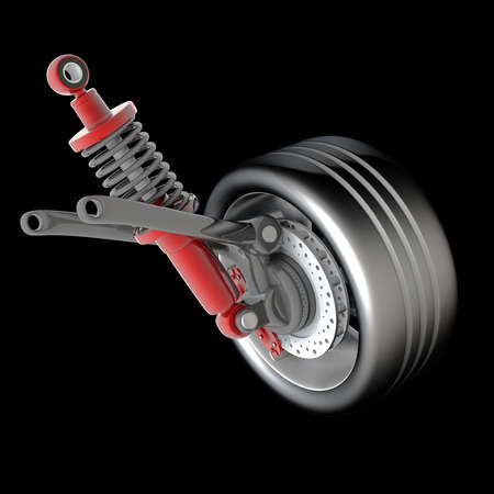 Wheel, shock absorber and brake pads. Isolated on black background. High resolution 3d render 