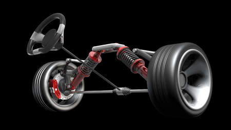 absorber, brake pads and Wheels Isolated on black background. High resolution 3d render の写真素材