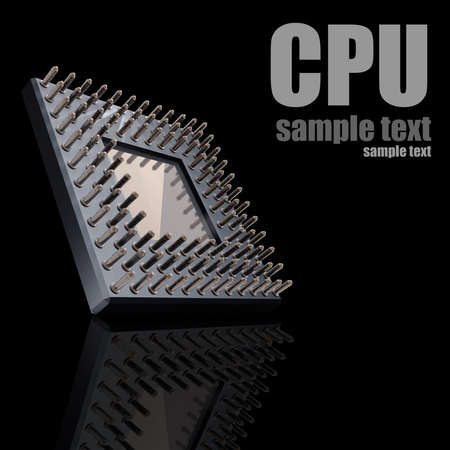 Back side of a CPU card with gold pins isolated on black background. High resolution 3D render の写真素材