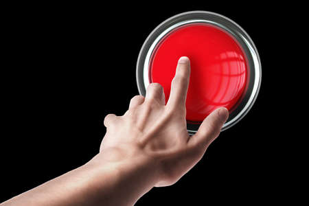 hand press on big Red button isolated on black background High resolution. 3D image 