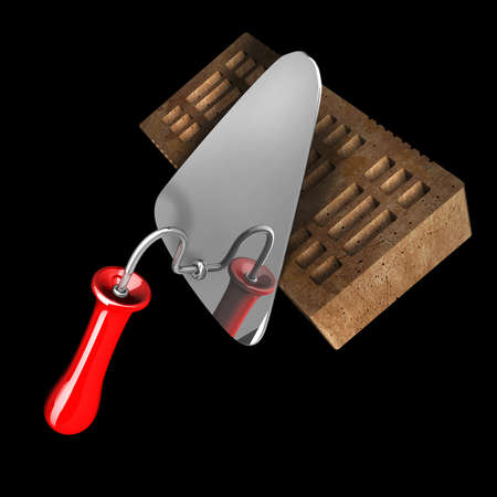 Building and construction concept. brick and metal trowel isolated on black background High resolution 3d render の写真素材