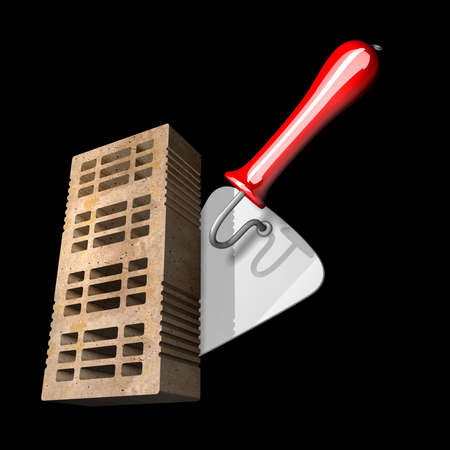 Building and construction concept. brick and metal trowel isolated on black background High resolution 3d render の写真素材