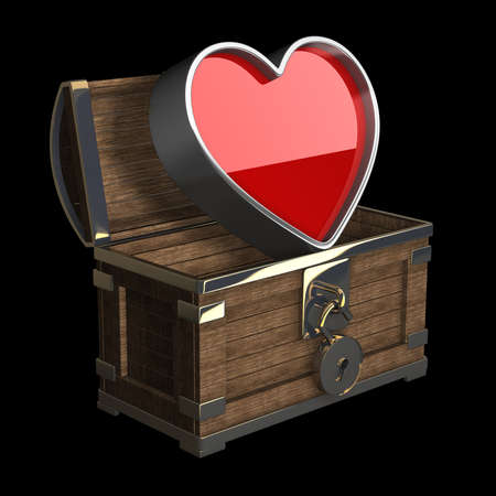 vintage chest with big heart isolated on black background High resolution 3d render 