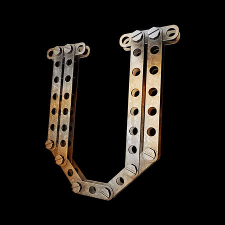 grunge metallic letter with rivets and screws isolated on black background 3d render high resolution の写真素材