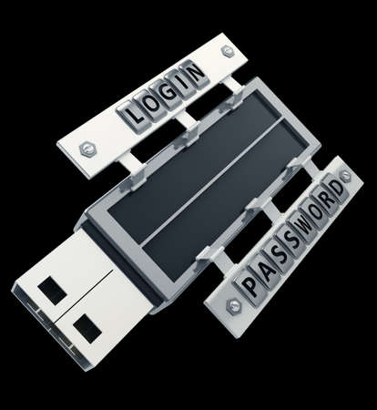 CONCEPT. Secure usb key device with password and login isolated on black background High resolution...