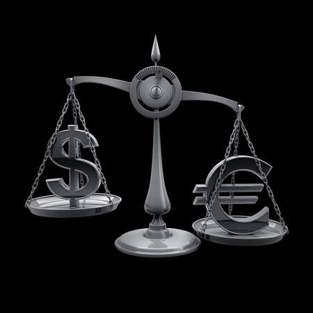 Scale with symbols of currencies r isolated on black background High resolution 3d render の写真素材