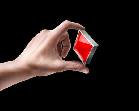 Man's hand holding card sign isolated on black background 
