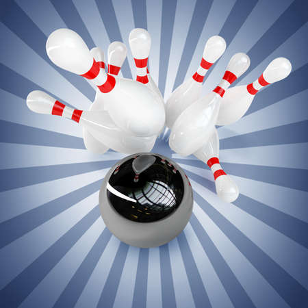 3d Bowling Ball crashing into the pins. High resolution の写真素材