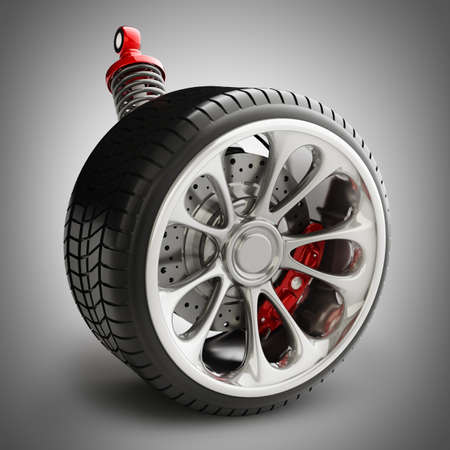 Wheel, shock absorber and brake pads. High resolution 3d render 