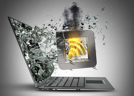 Tick symbol flaming icon exit by a monitor of laptop screen High resolution 3d 