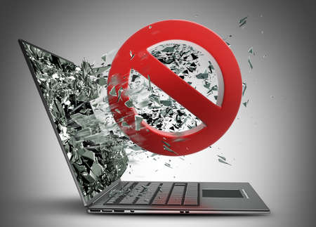 Red forbidden sign exit by a monitor of laptop screen. High resolution 3d の写真素材