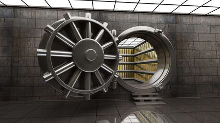 Big safe door with Gold ingots. High resolution 3D image