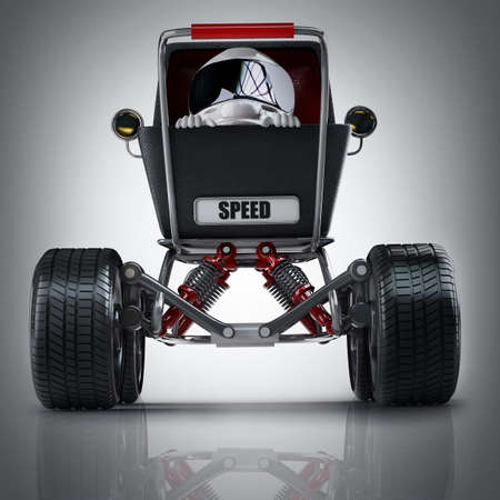 Baby super Carriage with big car wheel and the small racer in a helmet. High resolution 3d render 