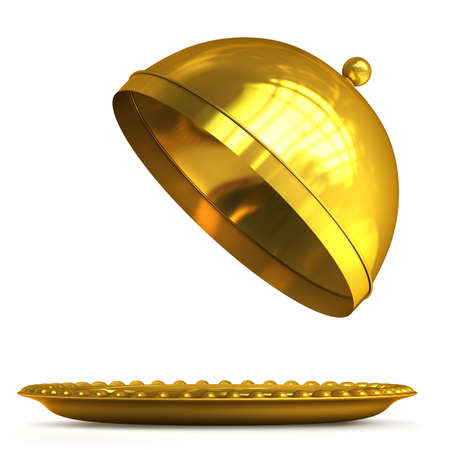 Gold collection. open empty platter or cloche with space to place object isolated on white background High resolution 3d の写真素材