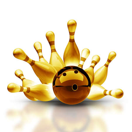 Gold collection. Bowling Ball crashing into the pins on vintage isolated on white background High resolution 3d の写真素材