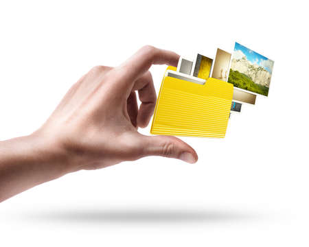 hand holding Yellow folder with a symbol  isolated on white background High resolution 3d 