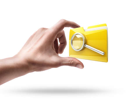 hand holding Yellow folder with a symbol  isolated on white background High resolution 3d の写真素材