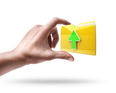 hand holding Yellow folder with a symbol  isolated on white background High resolution 3d の写真素材