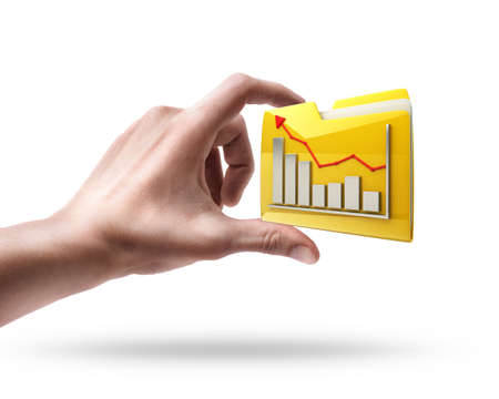 hand holding Yellow folder with a symbol  isolated on white background High resolution 3d の写真素材