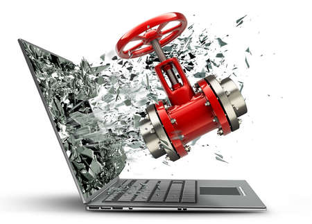 red valve exit by a monitor of laptop screen isolated on white background High resolution 3d 