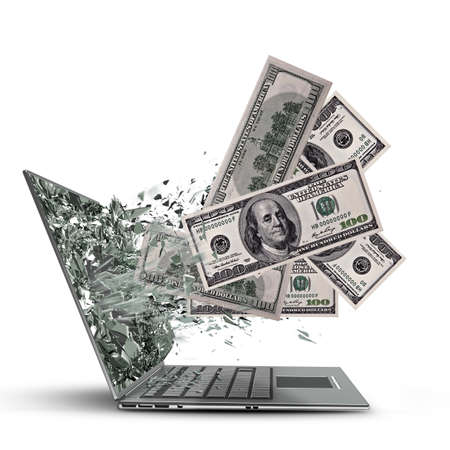 dollars exit by a monitor of laptop screen isolated on white background High resolution 3d の写真素材