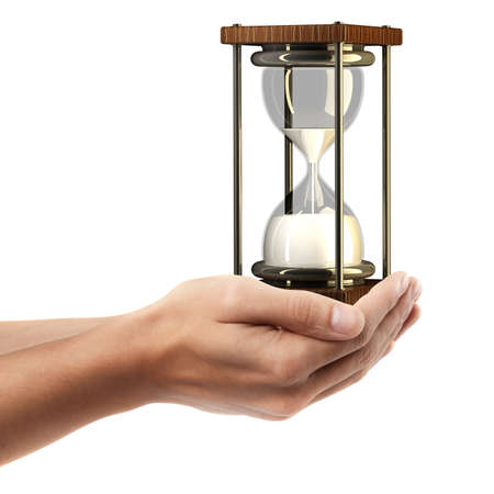 Man hand holding object ( hourglass sand clock )  isolated on white background. High resolution 