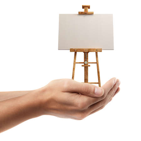 Man hand holding object ( Blank Canvas on easel )  isolated on white background. High resolution の写真素材