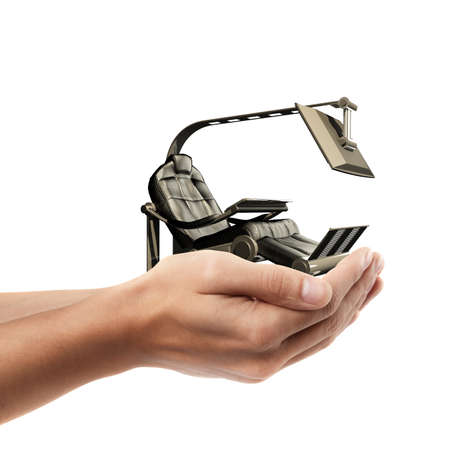 Man hand holding object ( Prototype of an armchair for work )  isolated on white background. High resolution の写真素材