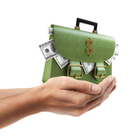 Man hand holding object ( Green leather briefcase with dollars )  isolated on white background. High resolution の写真素材