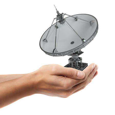 Man hand holding object ( Satellite dishes antenna )  isolated on white background. High resolutionの写真素材