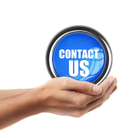 Man hand holding object ( CONTACT US blue button )  isolated on white background. High resolution の写真素材