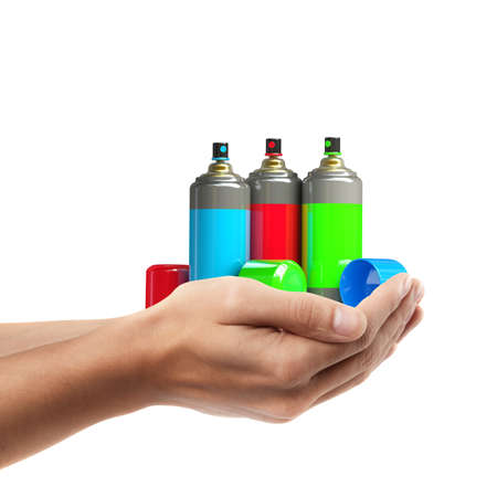 Man hand holding object ( color spray cans )  isolated on white background. High resolution の写真素材
