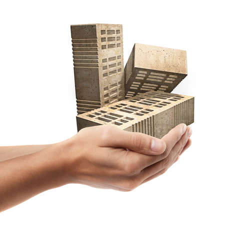 Man hand holding object ( group of red bricks )  isolated on white background. High resolution の写真素材