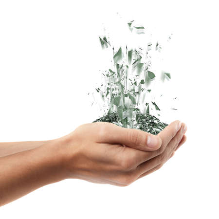 Man hand holding object ( broken glass )  isolated on white background. High resolution 