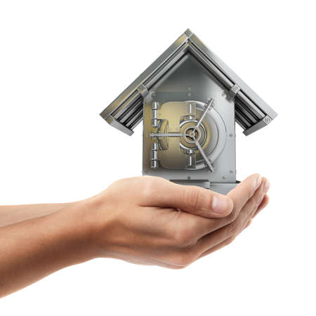 Man hand holding object ( Bank Safe in form houses )  isolated on white background. High resolution 