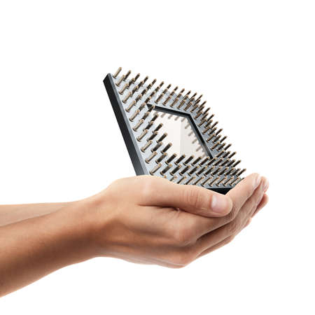 Man hand holding object ( Processor unit CPU )  isolated on white background. High resolution の写真素材