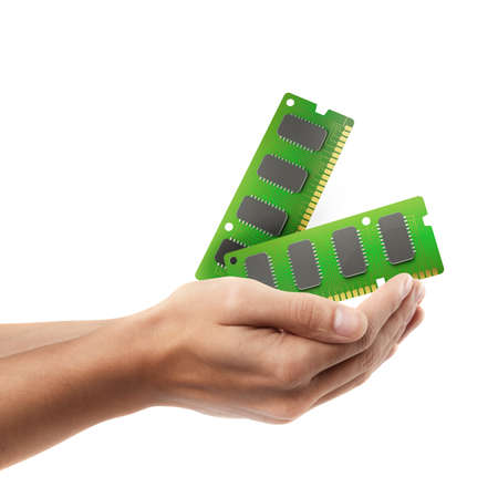 Man hand holding object   RAM Memory Card   isolated on white background  High resolution 