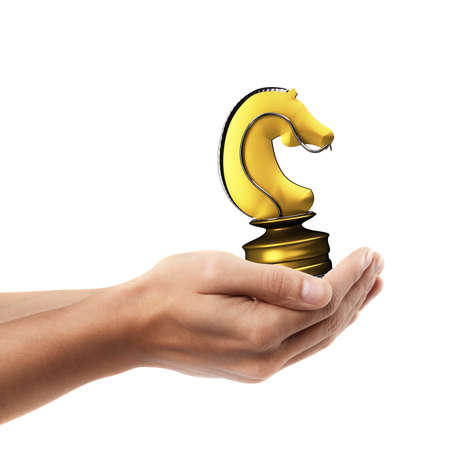 Man hand holding object ( golden chess figure )  isolated on white background. High resolution の写真素材