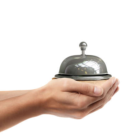 Man hand holding object ( Reception bell )  isolated on white background. High resolution の写真素材