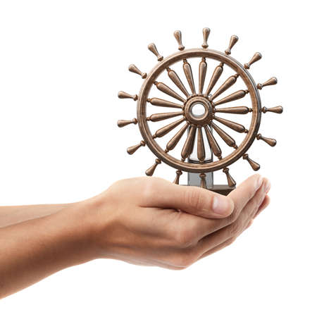 Man hand holding object ( wooden steering-wheel )  isolated on white background. High resolution の写真素材