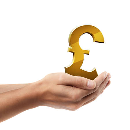 Man hand holding object ( Golden pound simbol )  isolated on white background. High resolution の写真素材