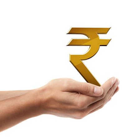 Man hand holding object ( Golden Indian rupee simbol )  isolated on white background. High resolutionの写真素材