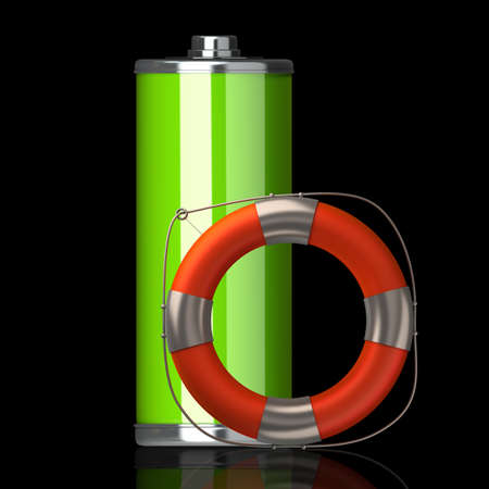 Full Battery symbol with lifebuoy isolated on black background High resolution 3d の写真素材