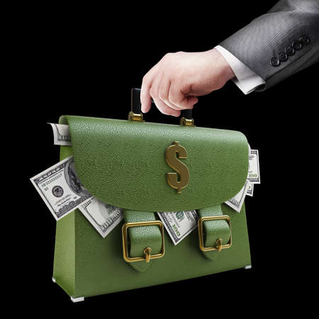 Man hand holding object ( green leather briefcase ) isolated on black background. High resolution の写真素材